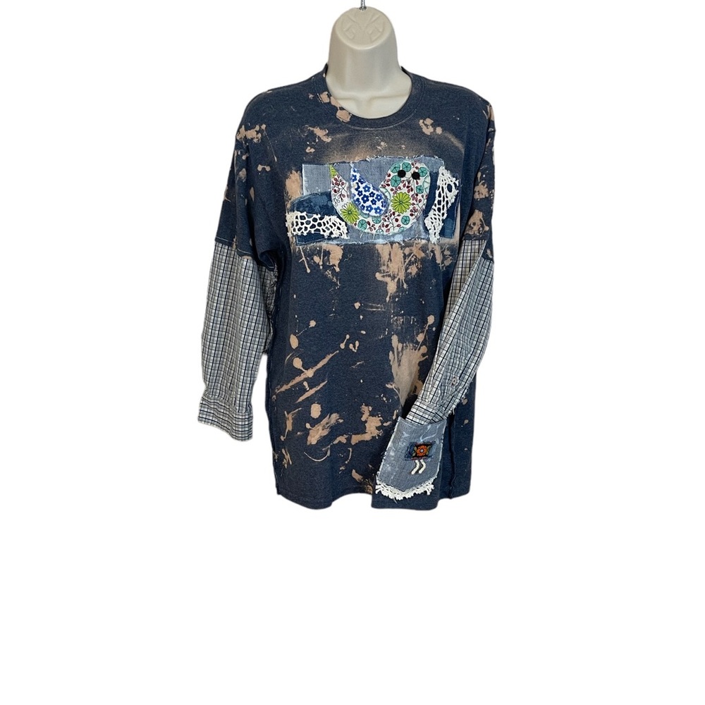 Handcrafted up-cycled re-imagined T-shirt. Men’s shirt sleeves Owl appliqué